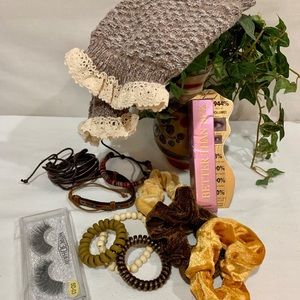 mascara, bracelets, scrunchies, boot socks, lashes